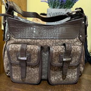 DKNY LOGO BROWN Faux Croc TRIM FABRIC SHOULDER BAG